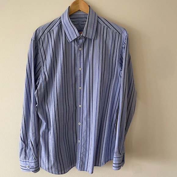 Bugatchi Shirt - Blue Pin Stripe - X-Large - Shaped Fit - Picture 1 of 5